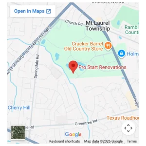 Google Maps UI showing the Pro Start Renovations location pin for a local SEO strategy.