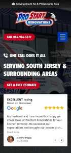 Mobile UI for Pro Start Renovations with call-to-action buttons, logo, and integrated Google reviews widget.