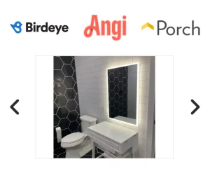 Mobile UI slider for Pro Start Renovations showing bathroom design, tile work, and business partner logos.