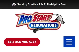 Pro Start Renovations website header showing mobile layout UI, logo with hammer icon, and click-to-call button.