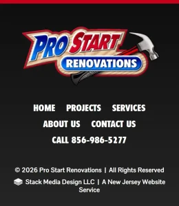 Website footer for Pro Start Renovations featuring a logo, navigation menu, and web design service credit.