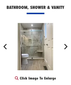 Bathroom renovation gallery slider featuring navigation arrows and a modern walk-in glass shower design.