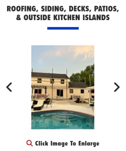 Web design gallery displaying a house exterior with a pool and deck using slider navigation arrows.