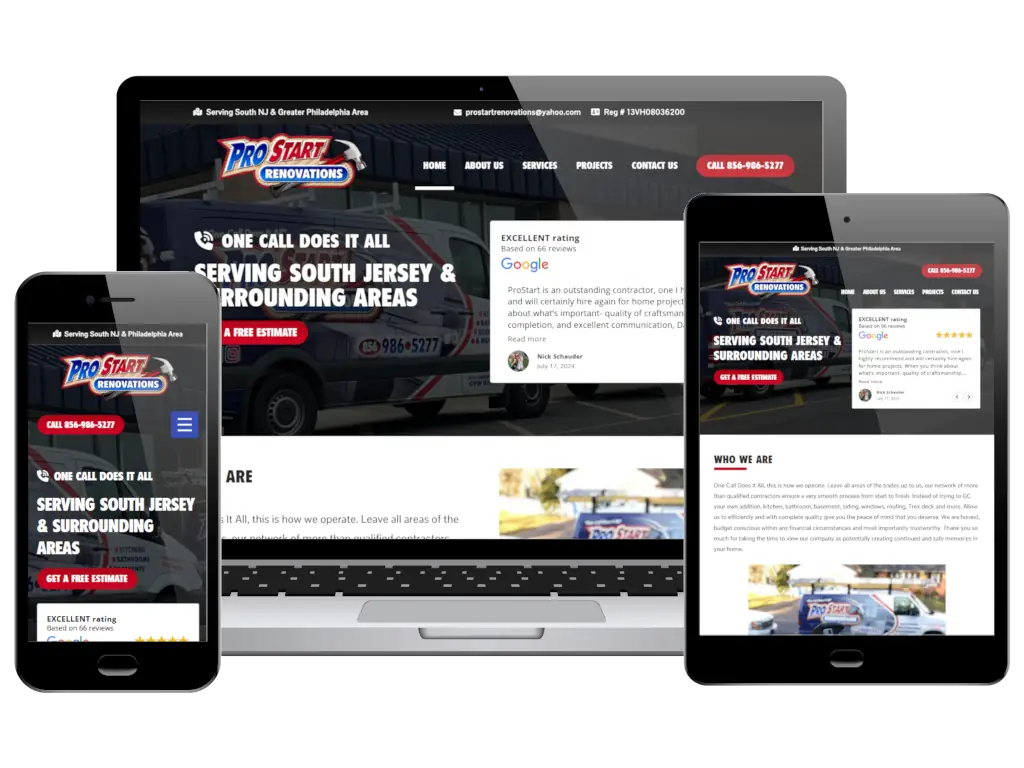 www.prostartrenovations.com website photo collage showcasing responsive web design on laptop, tablet, and mobile devices.