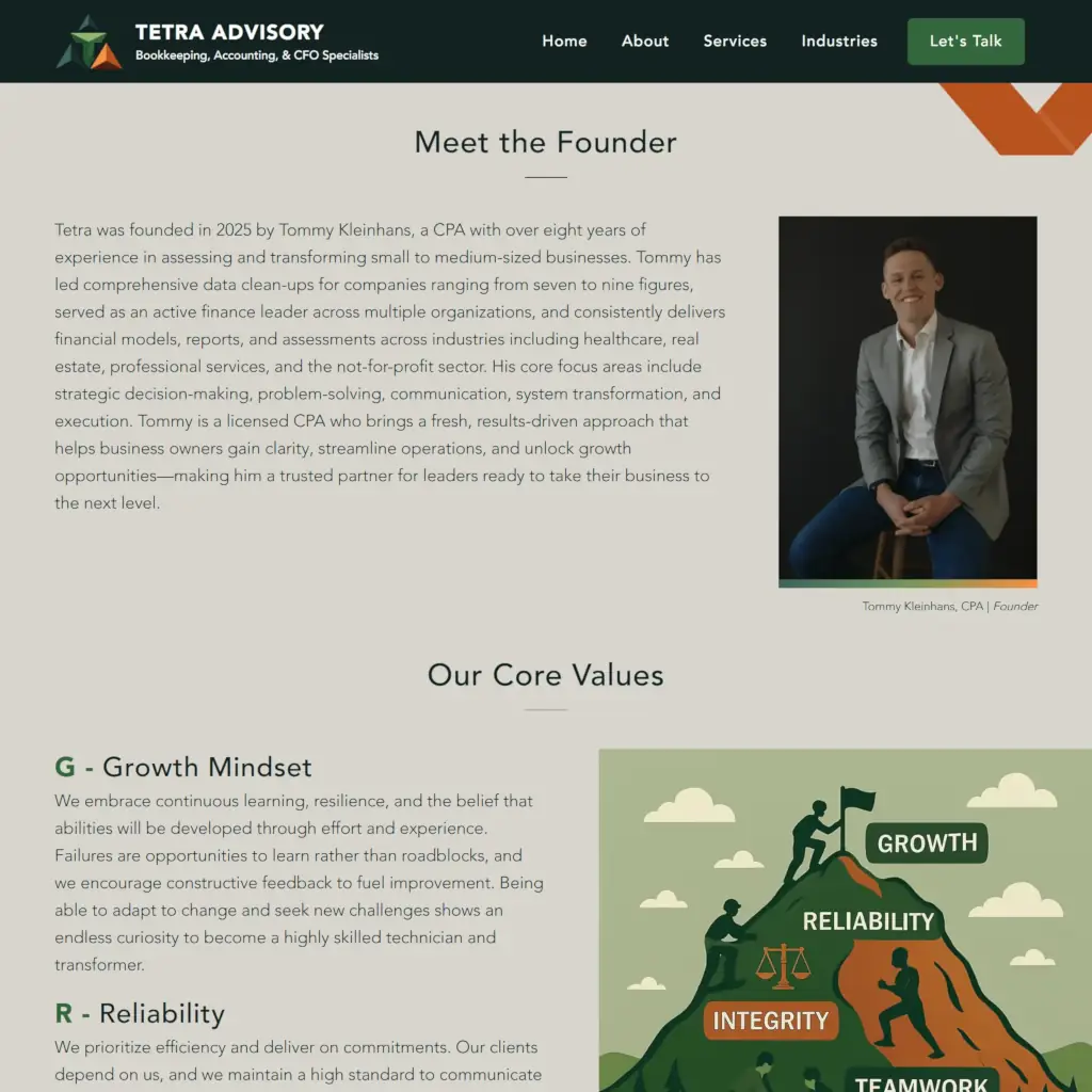 Tetra Advisory About Us webpage featuring founder Tommy Kleinhans, CPA, with company core values illustration.