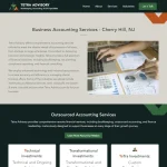 Tetra Advisory website header and accounting services page for Cherry Hill, NJ with navigation menu