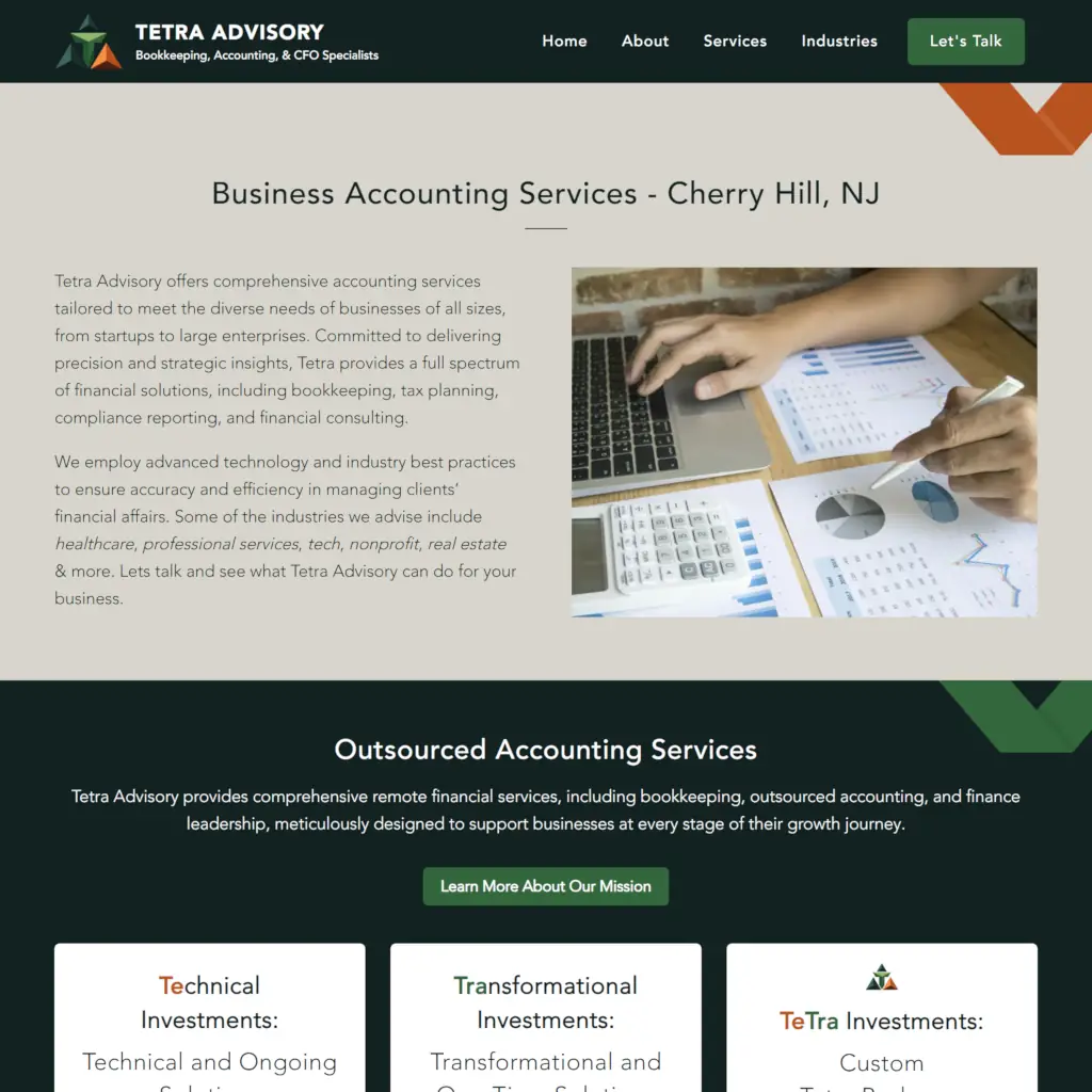 Tetra Advisory website header and accounting services page for Cherry Hill, NJ with navigation menu