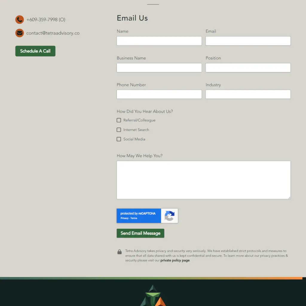 Tetra Advisory contact form webpage with email submission fields, phone number, schedule call button, and reCAPTCHA verification.