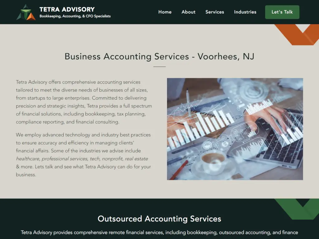 Tetra Advisory LLC Voorhees landing page showcasing business accounting services with navigation menu and financial analytics imagery.
