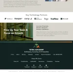 Tetra Advisory website footer with navigation, service areas, social media links, and technology partner logos.