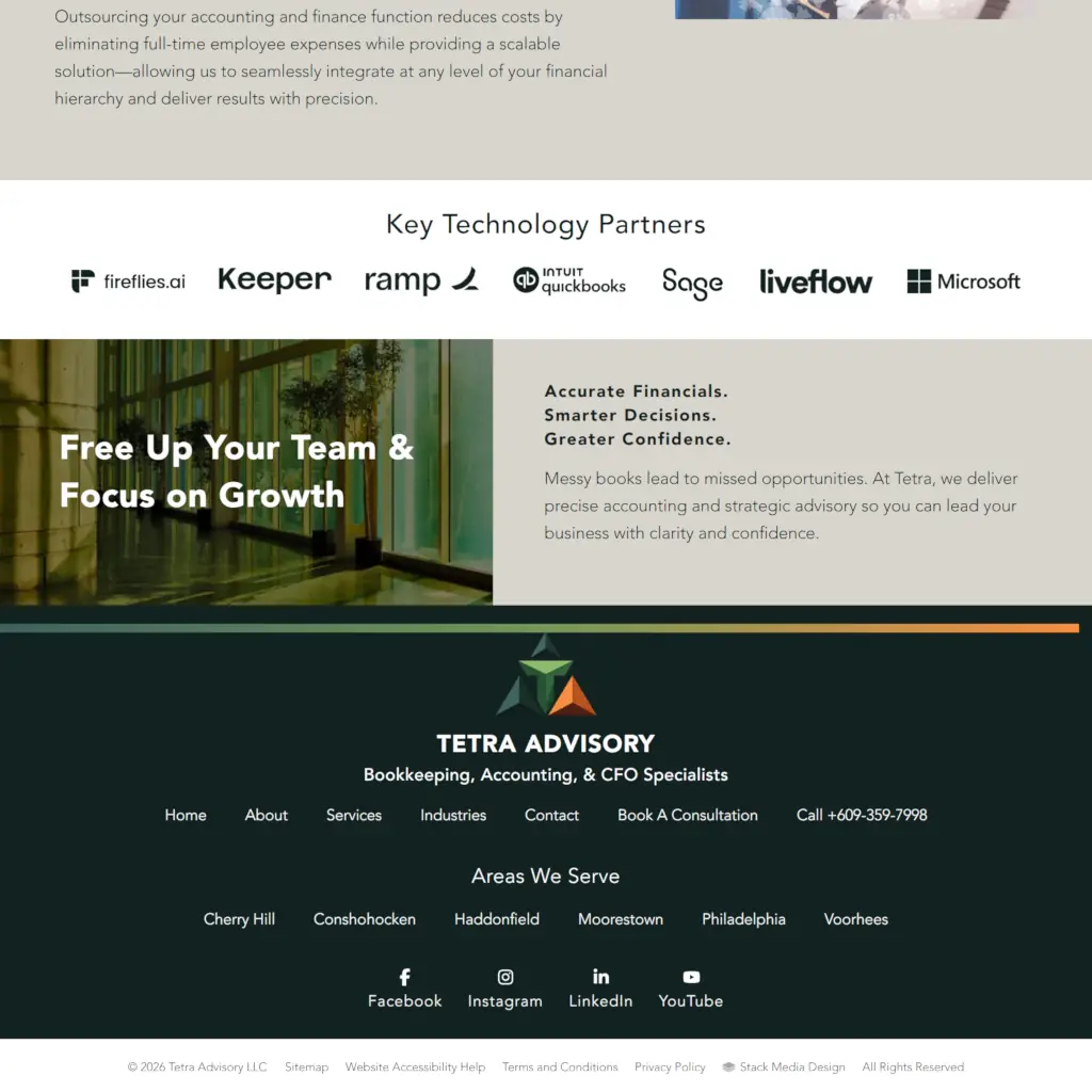 Tetra Advisory website footer with navigation, service areas, social media links, and technology partner logos.