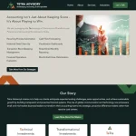 Tetra Advisory LLC homepage featuring navigation menu, accounting services overview, financial dashboard imagery, and mission statement.