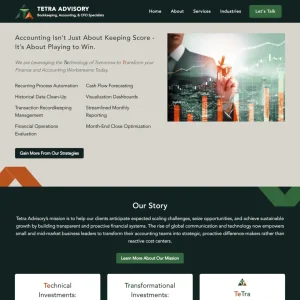 Tetra Advisory LLC homepage featuring navigation menu, accounting services overview, financial dashboard imagery, and mission statement.