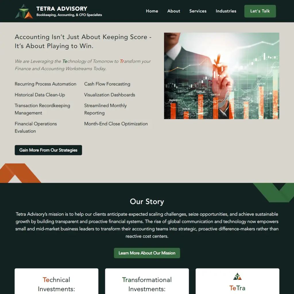 Tetra Advisory LLC homepage featuring navigation menu, accounting services overview, financial dashboard imagery, and mission statement.