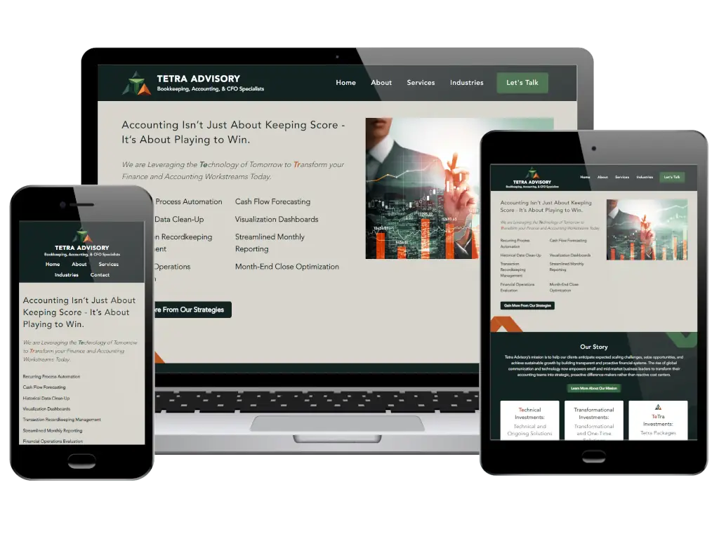 Tetra Advisory website responsive design displayed across mobile, tablet, and desktop layouts showcasing accounting services and financial dashboards.