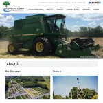 Tidbury Creek Farms Nursery About Us webpage header with navigation menu, contact details, and John Deere harvester equipment image.