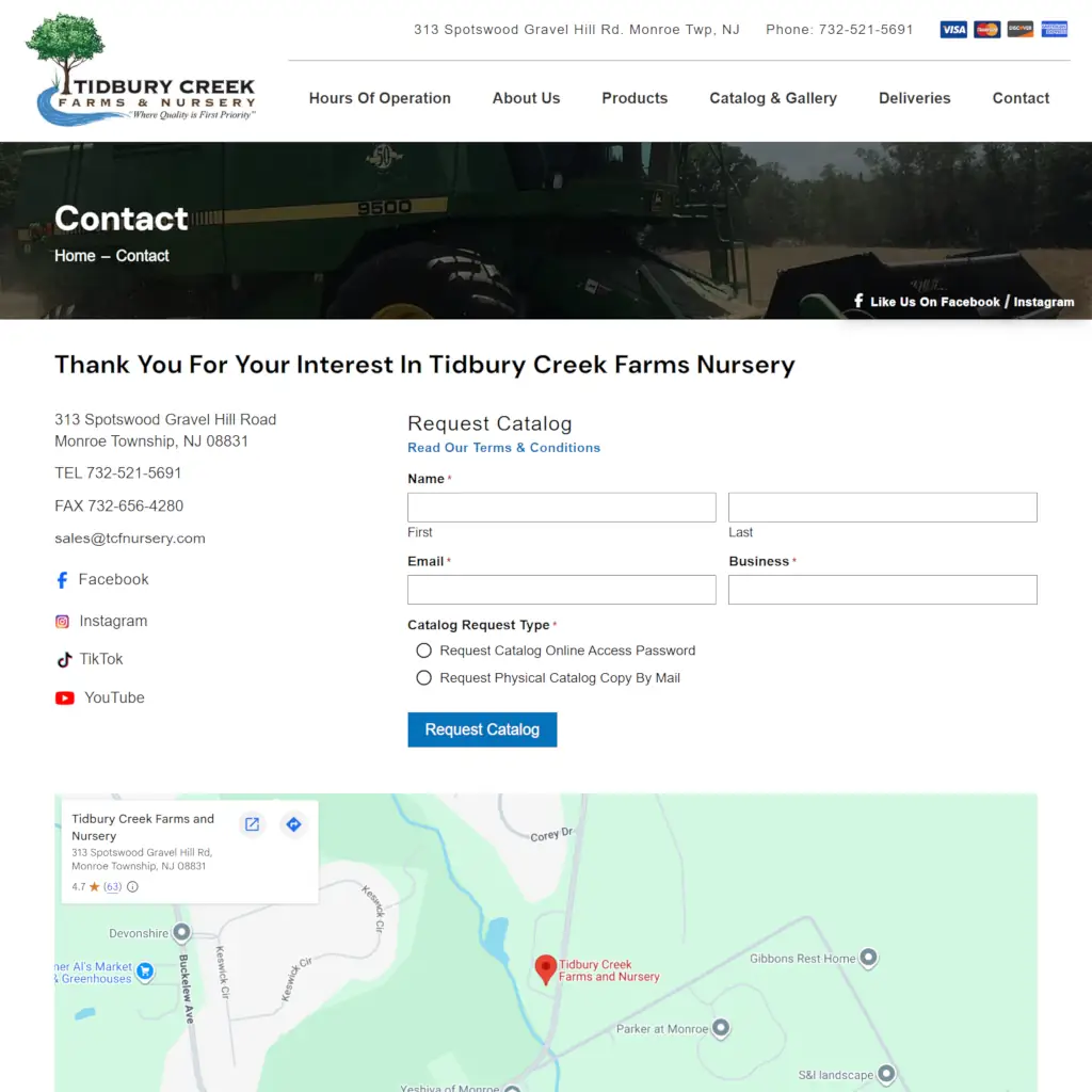 Tidbury Creek Farms Nursery contact page with catalog request form, address, phone number, and embedded location map.