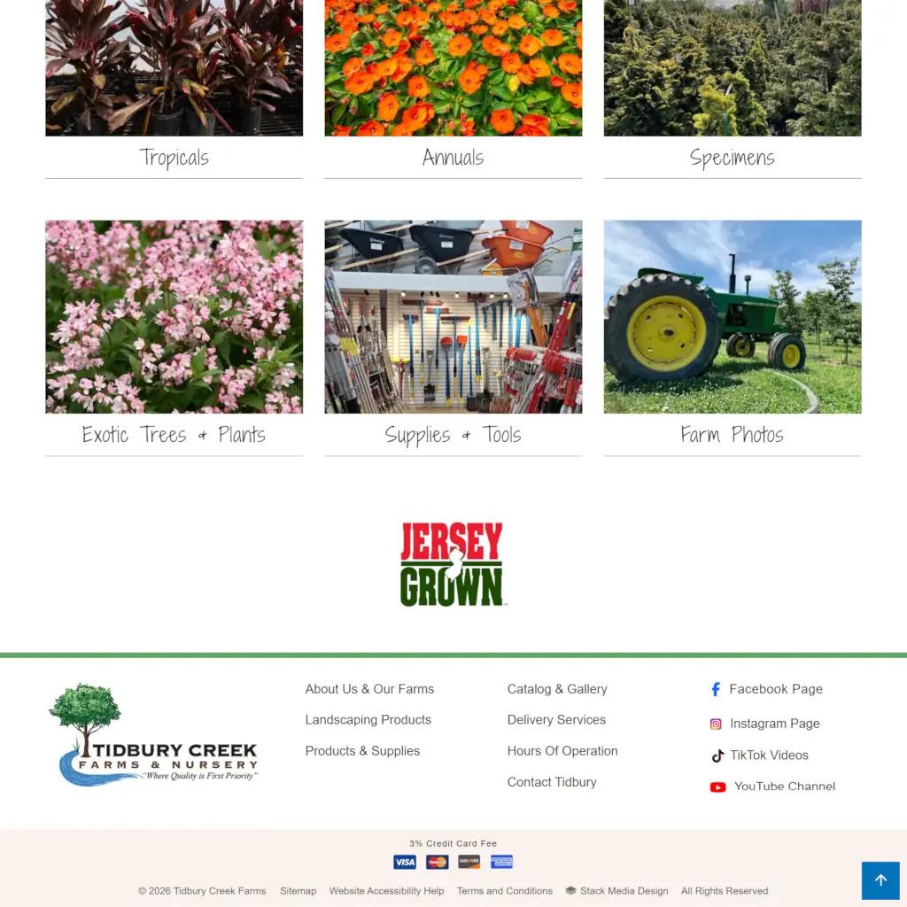 Tidbury Creek Farms Nursery website footer with navigation links, social media icons, and payment options.