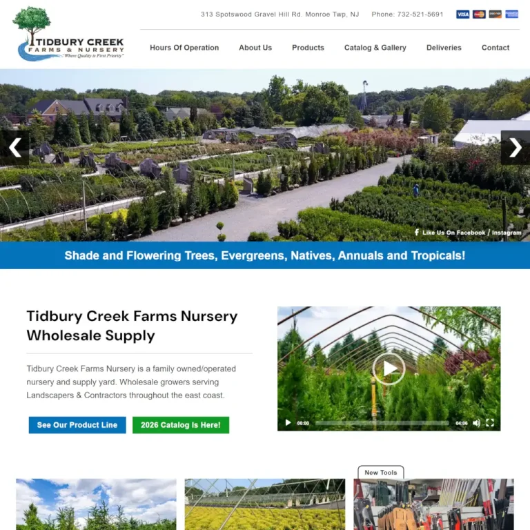 Tidbury Creek Farms Nursery homepage featuring navigation menu, hero image of plant nursery grounds, and product information sections.