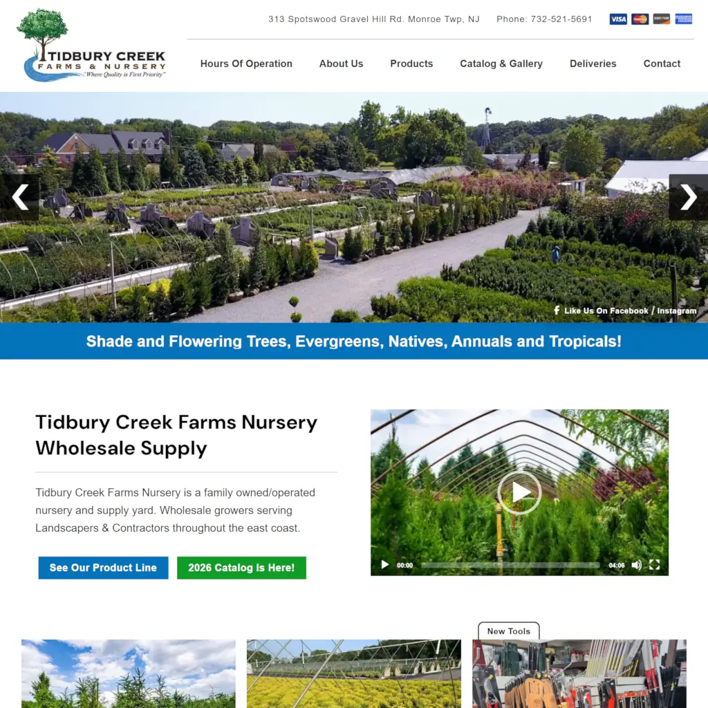 Tidbury Creek Farms Nursery homepage featuring navigation menu, hero image of plant nursery grounds, and product information sections.