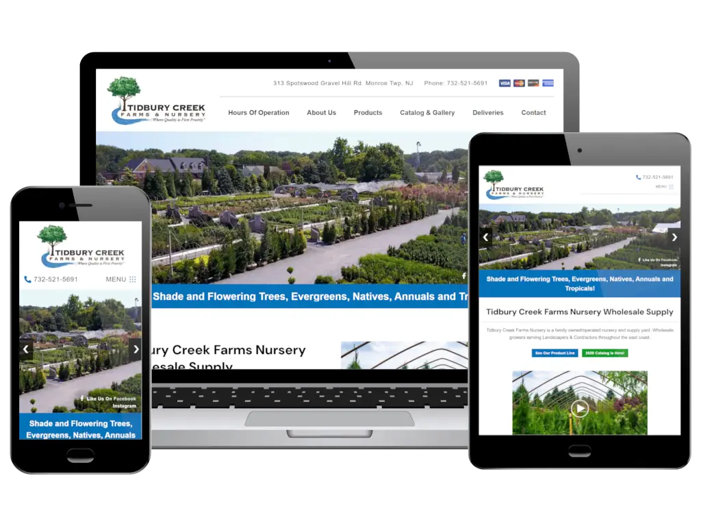 Tidbury Creek Farms Nursery responsive web design displayed on mobile, tablet, and desktop screens with navigation menu and product imagery.