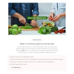 Continuous glucose monitoring webpage with hero image of people preparing healthy food and a green eligibility CTA button.