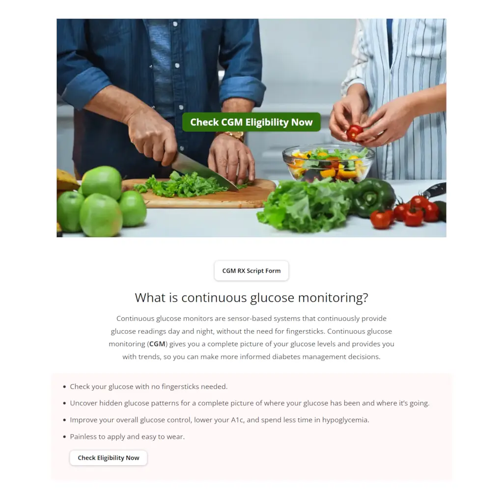 Continuous glucose monitoring webpage with hero image of people preparing healthy food and a green eligibility CTA button.
