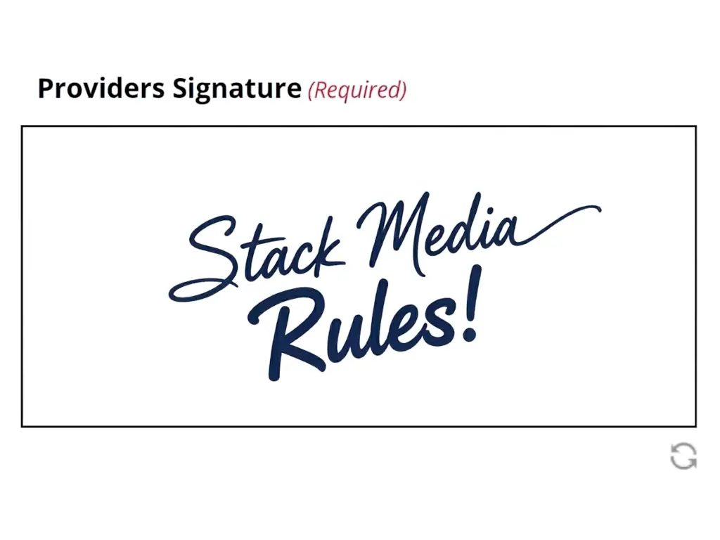 Vitalwave CGM order form esignature field with required provider signature input box displaying sample handwritten signature