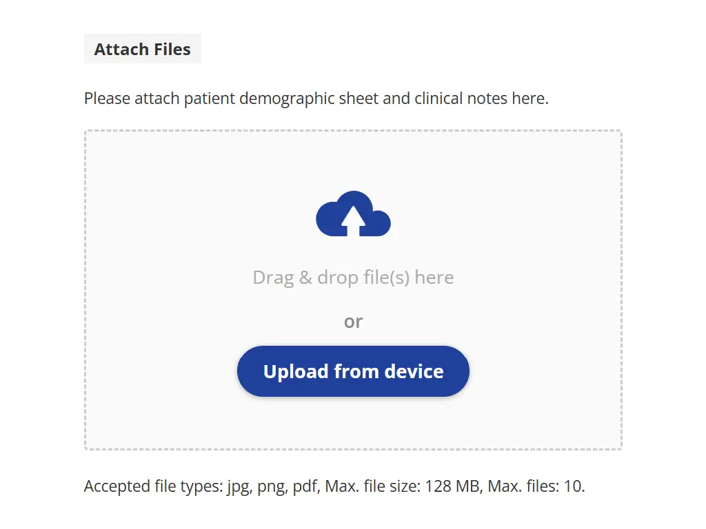 File upload field for Vitalwave CGM order form with drag-and-drop zone and upload button