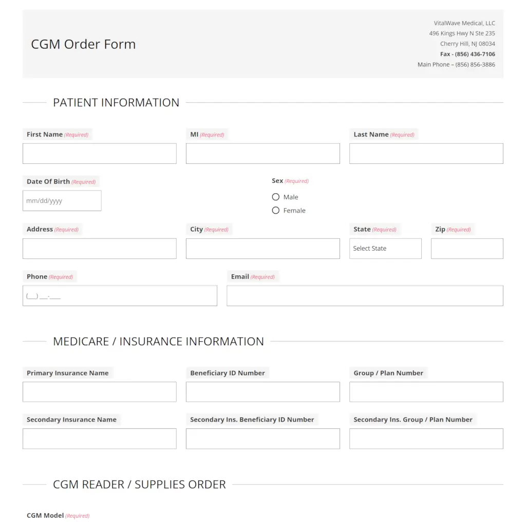 VitalWave CGM order form with patient information, insurance details, and supplies section