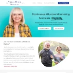 Vitalwave Medical CGM Medicare eligibility landing page featuring navigation menu, hero section with woman, and call-to-action buttons.