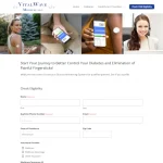 Vitalwave Medical eligibility check form with navigation menu, diabetes monitoring imagery, and patient information input fields.