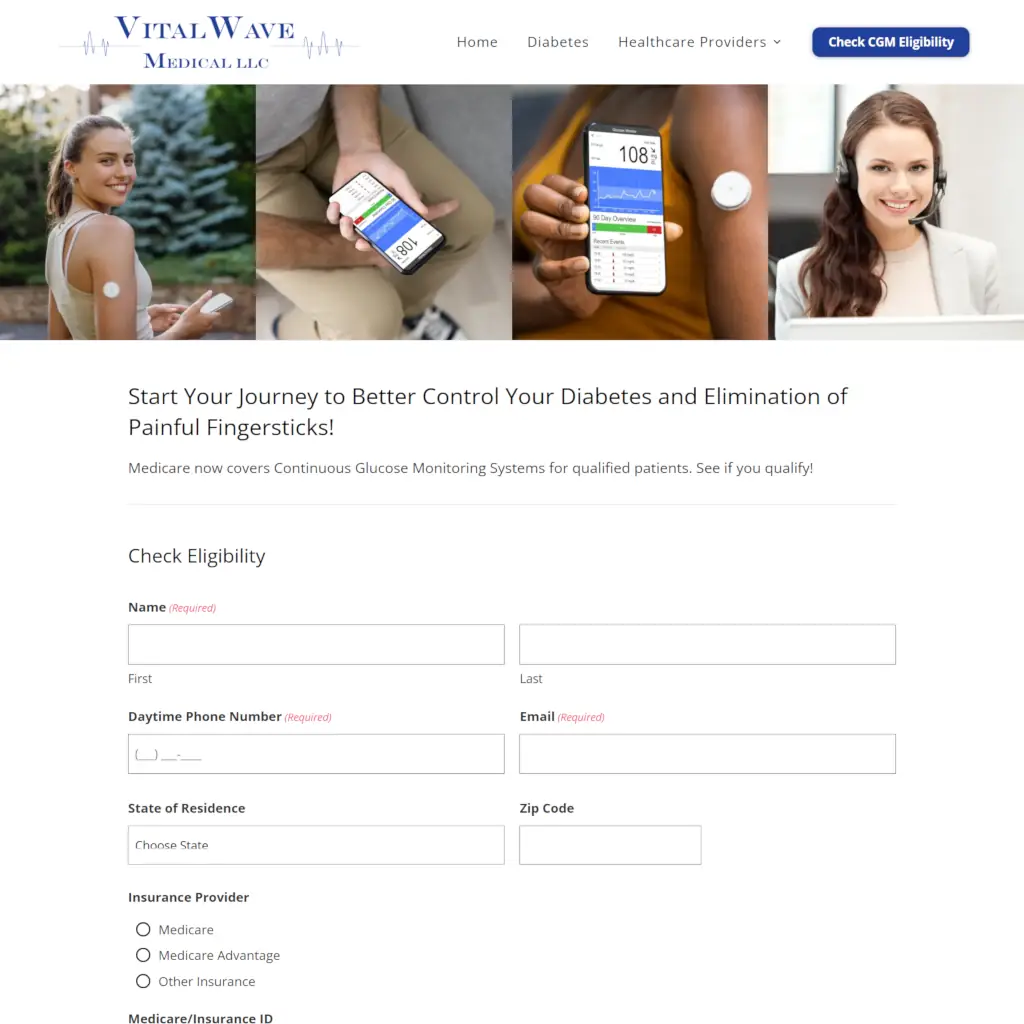 Vitalwave Medical eligibility check form with navigation menu, diabetes monitoring imagery, and patient information input fields.