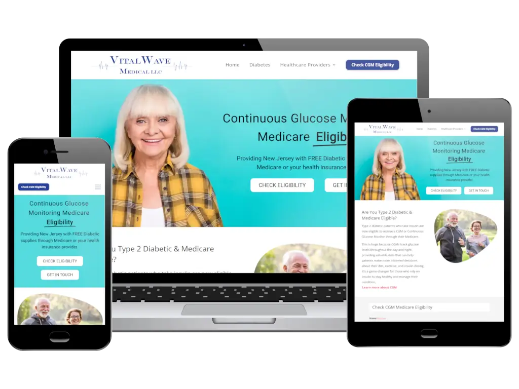 VitalWave Medical responsive website design showing mobile, tablet, and desktop layouts for diabetes and CGM Medicare eligibility services.