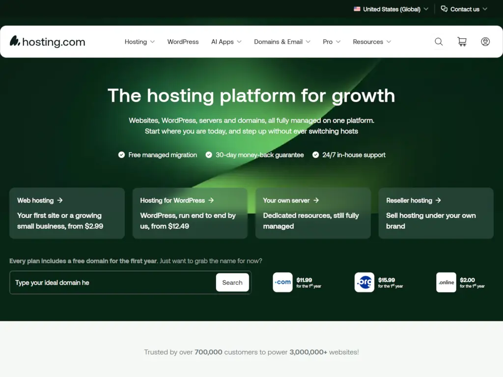 Hosting.com homepage featuring navigation menu, hero section promoting managed web hosting with WordPress and domain registration, and pricing options.