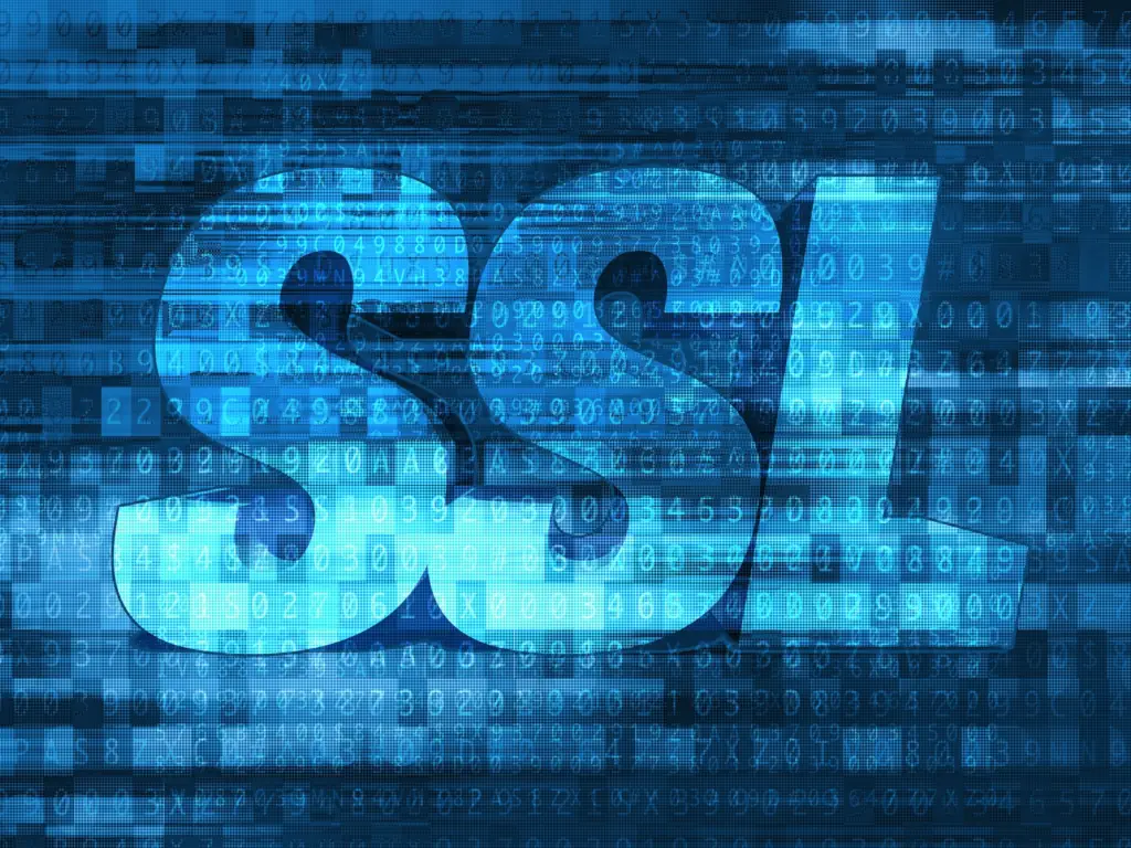 SSL padlock and HTTPS protocol symbol overlaid on blue digital code background representing secure encryption.
